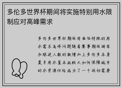 多伦多世界杯期间将实施特别用水限制应对高峰需求 多伦多世界杯期间将实施特别用水限制应对高峰需求
